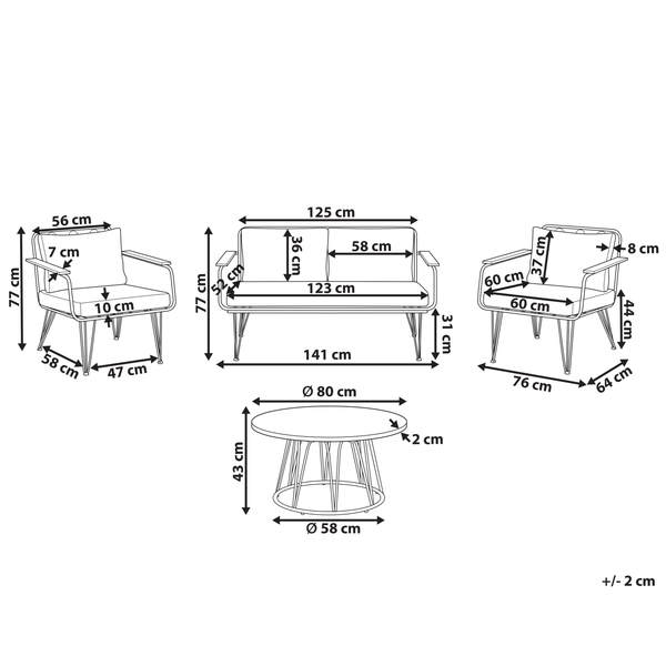 Abmessungen einer Loungegruppe mit Sofa, zwei Sesseln und Tisch