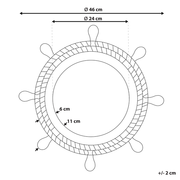 Abmessungen eines Steuerrads: Durchmesser 46 cm, Innendurchmesser 24 cm