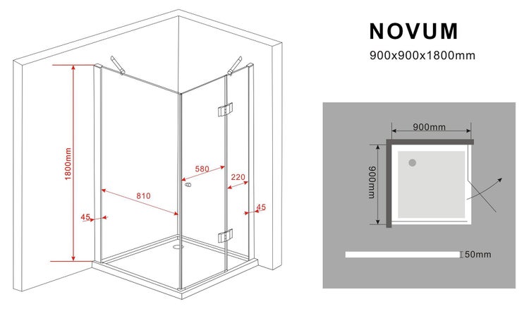 Technische Zeichnung einer Duschkabine mit Maßangaben