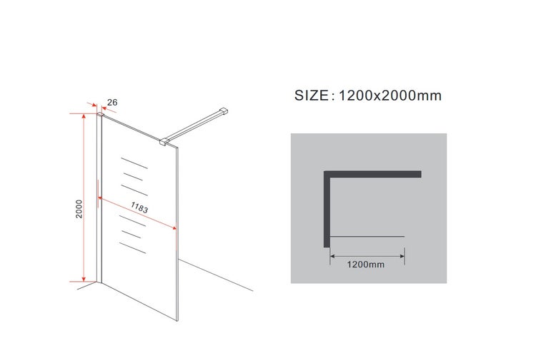 Technische Zeichnung einer Duschwand mit Maßangaben 1200 x 2000 Millimeter