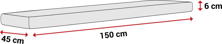 Polsterauflage mit den Maßen 150 Zentimeter Länge, 45 Zentimeter Breite und 6 Zentimeter Höhe.