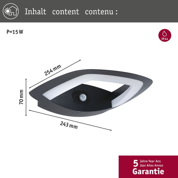 Graue LED Außenleuchte mit Bewegungsmelder und IP44 Schutzart