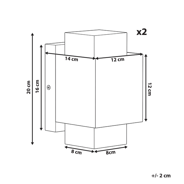 Maßzeichnung einer Wandleuchte im 2er-Set. Gesamthöhe 20 Zentimeter, Breite 12 Zentimeter, Tiefe 14 Zentimeter. Toleranz plus minus 2 Zentimeter.