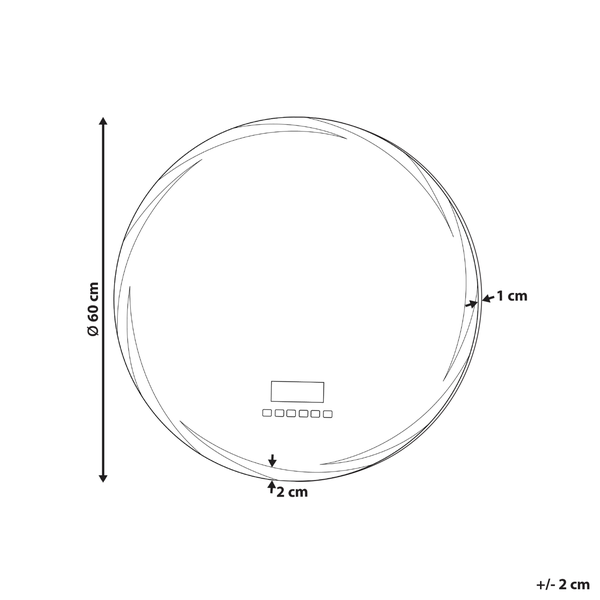 Technische Zeichnung eines runden Spiegels mit den Maßen 60 cm Durchmesser, 1 cm und 2 cm Tiefe