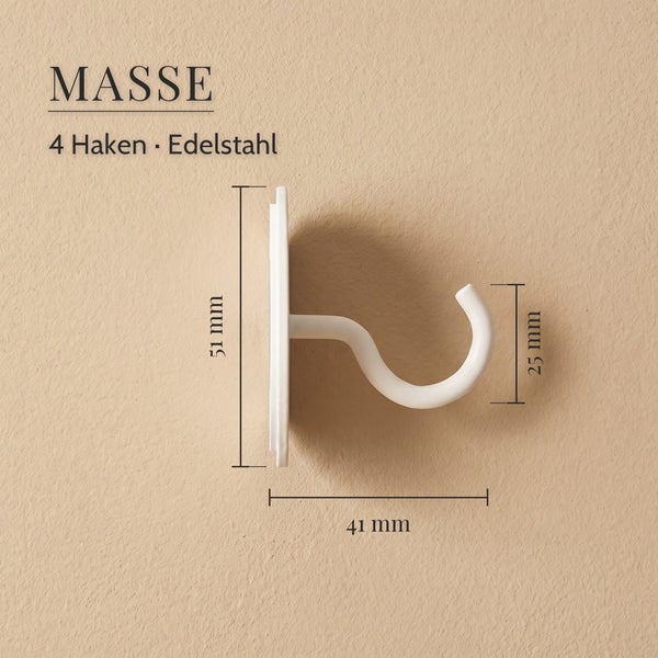 Technisches Datenblatt eines Edelstahlhakens mit Maßangaben von 51 Millimeter Höhe und 41 Millimeter Tiefe inklusive 4 Stück Haken im Set