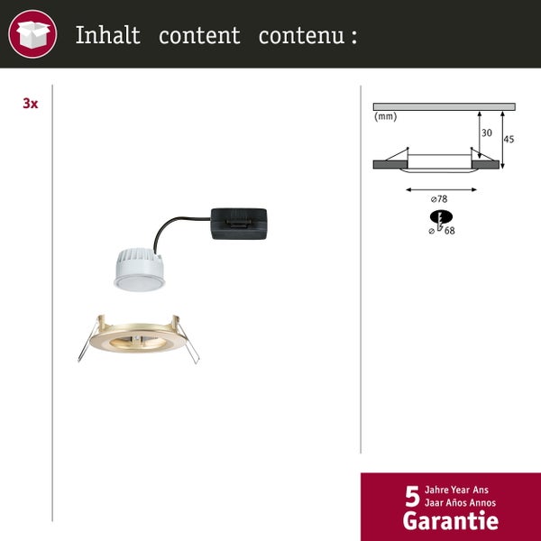LED Einbauleuchte Nova Coin Basisset starr IP44 rund 78mm Coin 3x6W 3x470lm 230V 2700K Gold matt