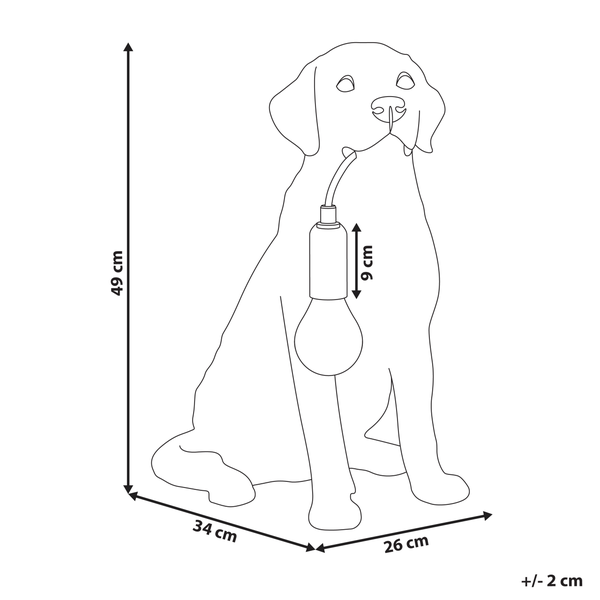 Abmessungen einer Hundelampe: 49 cm Höhe, 34 cm Breite und 26 cm Tiefe