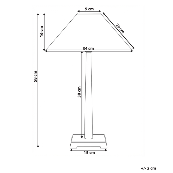 Skizze einer Tischleuchte mit den Maßen 58 Zentimeter Höhe, 34 Zentimeter Breite und 15 Zentimeter Tiefe