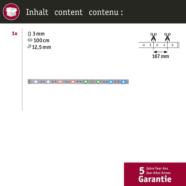 Abbildung einer LED Leiste mit den Produktabmessungen und einer fünf Jahre Garantie