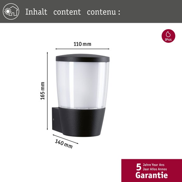 Abmessungen einer schwarzen Aussenleuchte mit Schutzart IP44 und fünf Jahren Garantie