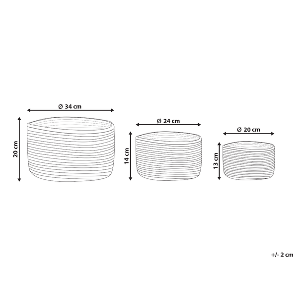 Maßzeichnung von drei runden Aufbewahrungskörben: Durchmesser 34, 24, 20 Zentimeter; Höhen 20, 14, 13 Zentimeter. Toleranz plus minus 2 Zentimeter.