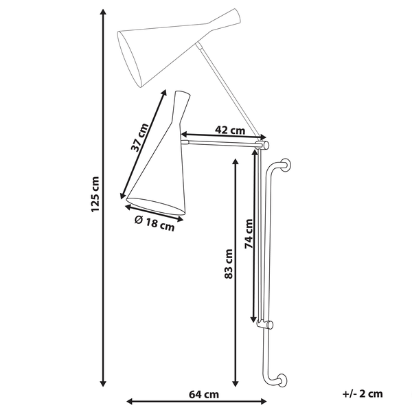 Abmessungen einer Stehlampe: 125 cm Höhe, 37 cm Lampenschirmhöhe, 18 cm Lampenschirmdurchmesser, 83 cm Stabhöhe, 74 cm Stablänge, 42 cm Lampenarmausladung und 64 cm Fußbreite.