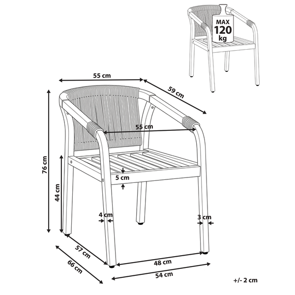 Gartenstuhl: Höhe 76 Zentimeter, Breite 55 Zentimeter, Tiefe 59 Zentimeter, Sitzhöhe 44 Zentimeter. Maximale Belastbarkeit 120 Kilogramm.