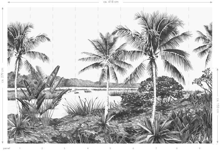 Origin Wallcoverings Fototapete Landschaft mit Palmen Schwarz-Weiß - 4,185 x 2,79 m - 357224