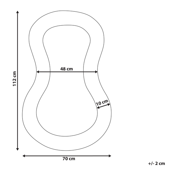 Skizze einer Teichfolie mit Maßangaben: 112 cm Höhe, 70 cm Breite, 48 cm Innenbreite, 10 cm Randstärke