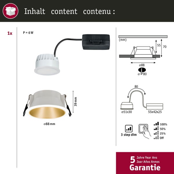 LED Einbauleuchte 3-Step-Dim Cole Coin 1er-Set IP44 rund 88mm Coin 6W 470lm 230V dimmbar 2700K Weiß, Gold matt