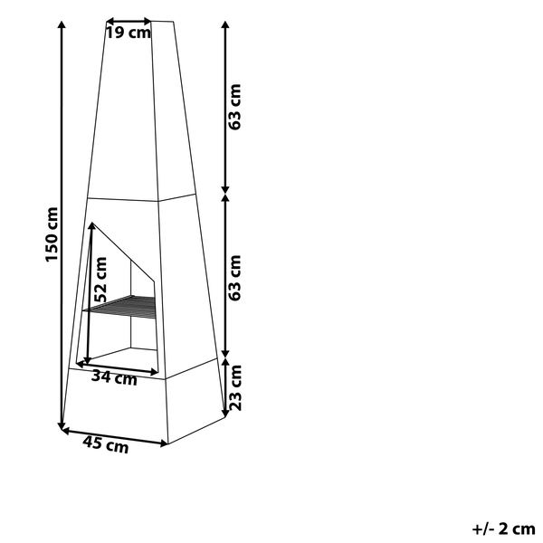 Skizze eines Gartenkamins mit Abmessungen: Gesamthöhe 150 Zentimeter, Breite 45 Zentimeter, Öffnung 52 mal 34 Zentimeter.