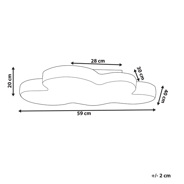 Maßskizze einer wolkenförmigen Deckenleuchte: Breite 59 Zentimeter, Tiefe 40 Zentimeter, Höhe 20 Zentimeter.