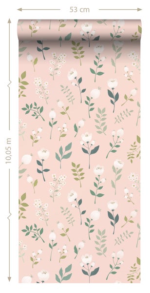 ESTAhome Tapete Blumen Hellrosa, Grün und Weiß - 53 cm x 10.05 m - 139340