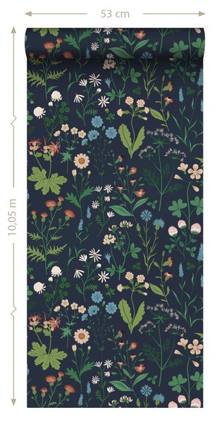 ESTAhome Tapete Feldblumen Tintenblau und Grün - 53 cm x 10.05 m - 139844