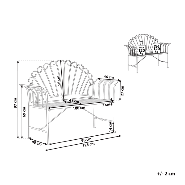 Technische Zeichnung einer Gartenbank mit Maßangaben.