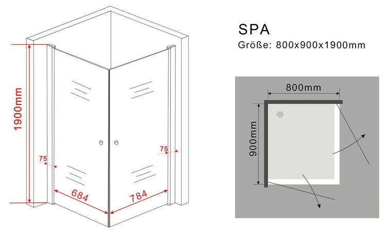 Technische Zeichnung einer Duschkabine mit den Maßen 800x900x1900 Millimeter.