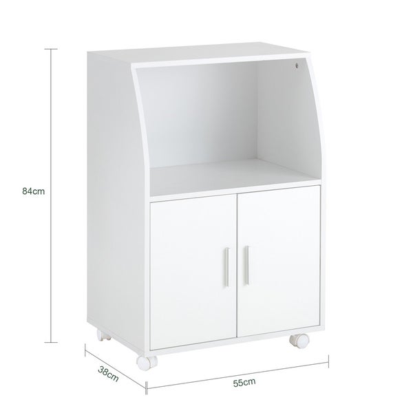 Weißer Rollcontainer mit zwei Türen, offenes Fach und den Maßen 84 mal 55 mal 38 Zentimeter.