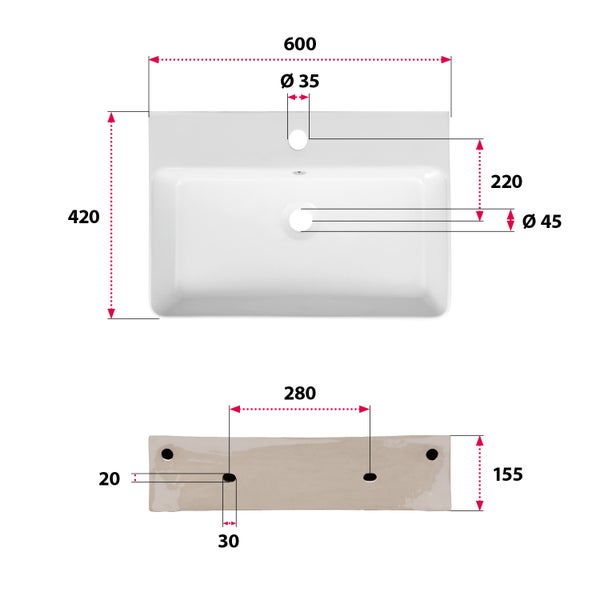 aquaSu® Basic Waschtisch 416 | Waschbecken mit Überlauf und Hahnloch | 60 x 42 cm | Als Hänge-Waschtisch oder Aufsatzwaschbecken | Sanitärkeramik in weiß | 562416