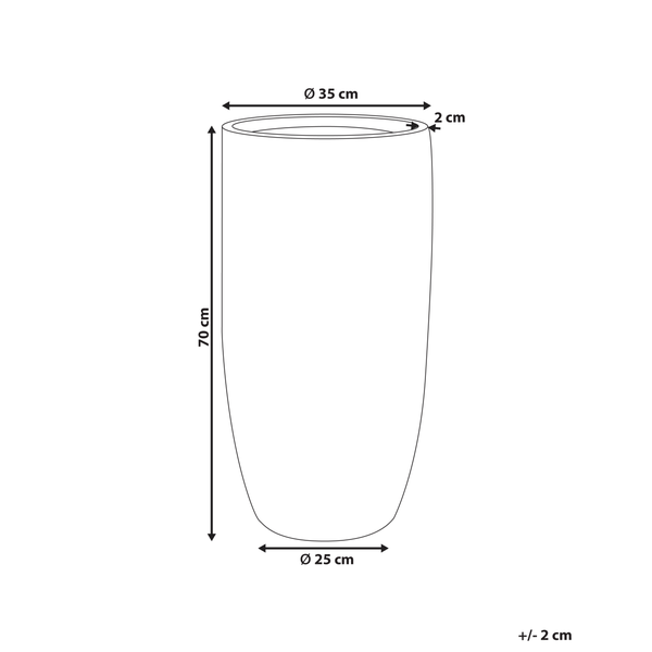 Skizze eines Pflanzgefäßes mit den Maßen: 35 cm Durchmesser oben, 25 cm Durchmesser unten, 70 cm Höhe