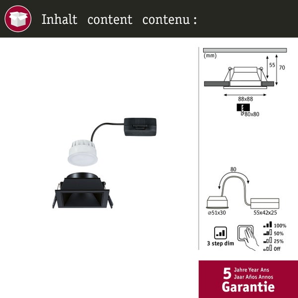 LED Einbauleuchte 3-Step-Dim Cole Coin 1er-Set IP44 eckig 88x88mm Coin 6W 470lm 230V dimmbar 2700K Schwarz