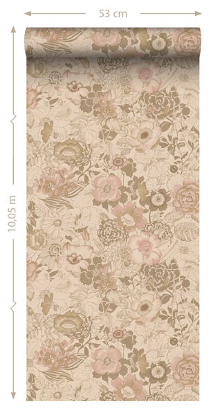 ESTAhome Tapete Blumenmuster Hellbraun und Altrosa - 50 x 900 cm - 139764