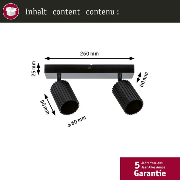 Abmessungen einer schwarzen Deckenleuchte mit zwei Strahlern