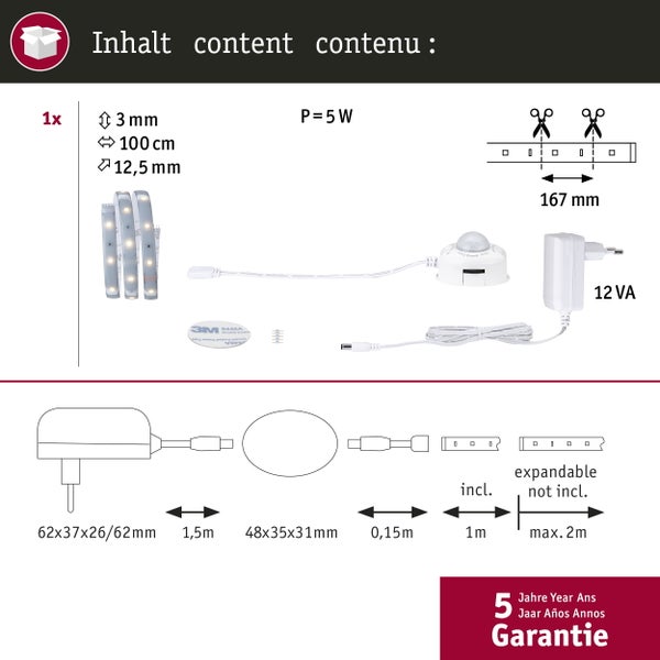 Packungsinhalt LED-Streifen: 3 Millimeter hoch, 100 Zentimeter lang, 12,5 Millimeter breit, Leistung 5 Watt mit Garantie
