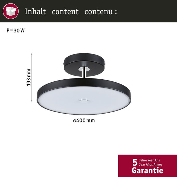 LED-Deckenleuchte in Schwarz mit weißem Diffusor, Durchmesser 400 Millimeter, Höhe 193 Millimeter, 30 Watt Leistung und 5 Jahre Garantie.