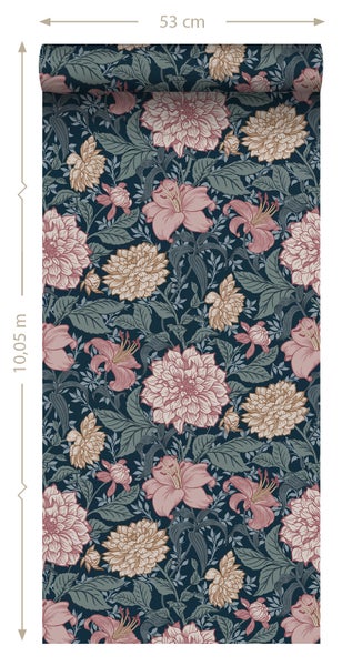 ESTAhome Tapete Blumenmuster Blau und Altrosa - 53 cm x 10.05 m - 139382