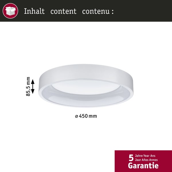 Runde LED-Deckenleuchte mit einem Durchmesser von 450 Millimetern und einer Höhe von 85,5 Millimetern sowie 5 Jahren Garantie.