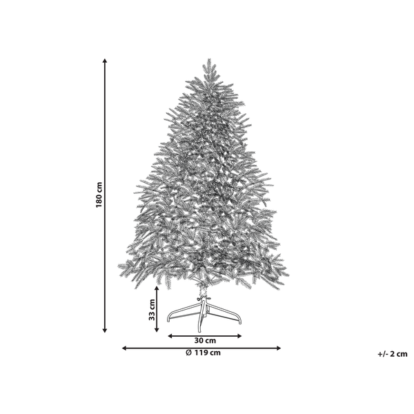 Abbildung eines künstlichen Weihnachtsbaums mit den Maßen 180 Zentimeter Höhe und 119 Zentimeter Durchmesser