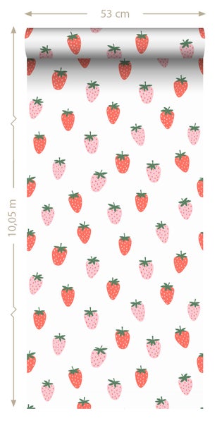 ESTAhome Tapete Erdbeeren Weiß und Rosa - 50 x 900 cm - 131650