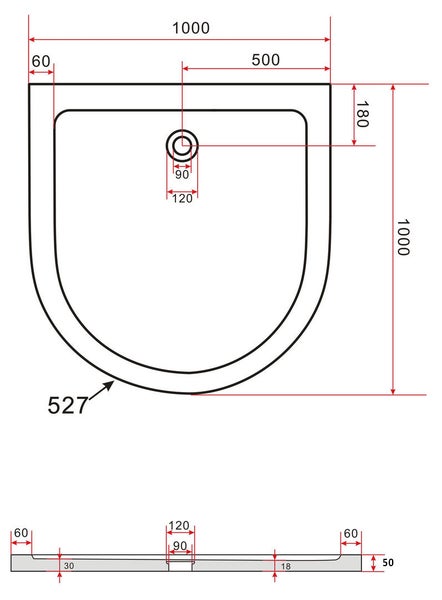 Technische Zeichnung einer Duschwanne mit Maßangaben