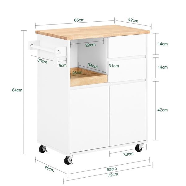 Abmessungen eines Küchenwagens mit Arbeitsplatte, Schubladen, Ablagefach und Schrank