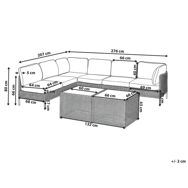 Maße einer Gartenlounge mit Ecksofa und Tisch