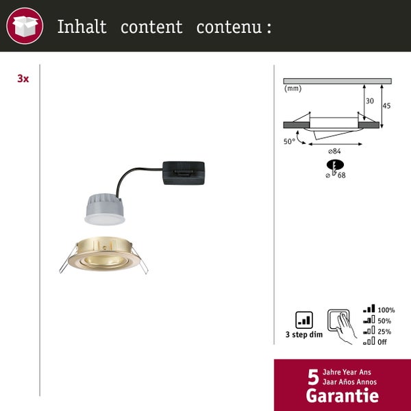 LED Einbauleuchte 3-Step-Dim Nova Coin 3-Step-Dim Basisset schwenkbar rund 84mm 50° Coin 3x6W 3x470lm 230V dimmbar 2700K Gold matt