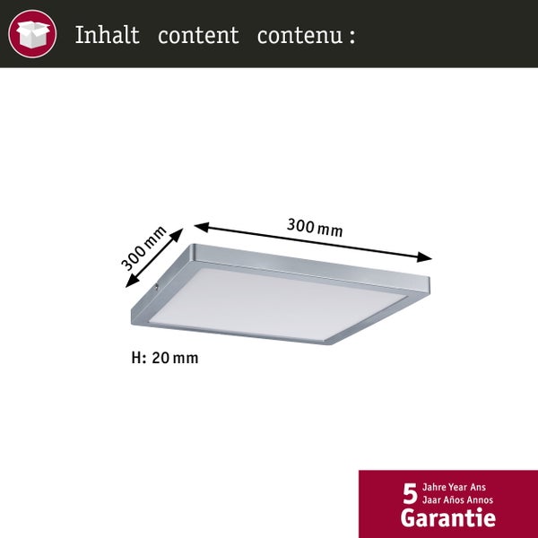 Quadratische LED Deckenleuchte mit den Maßen 300 x 300 x 20 Millimeter und fünf Jahren Garantie