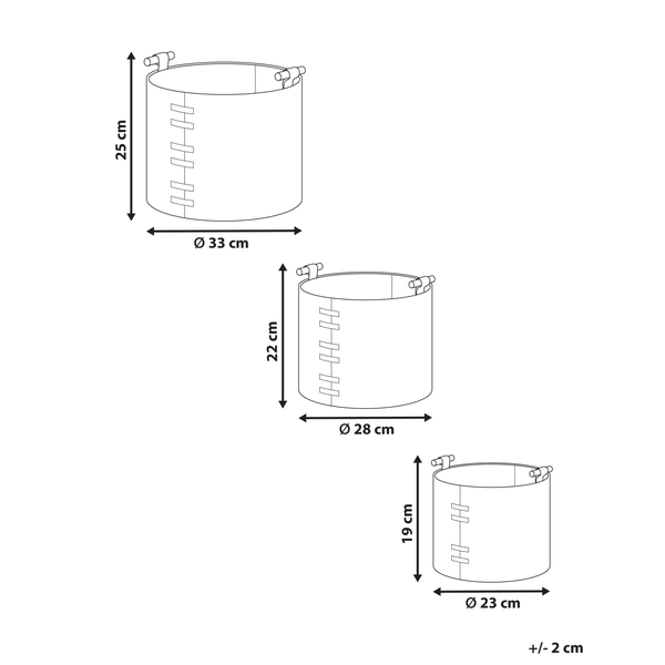 Abbildung von drei runden Aufbewahrungskörben unterschiedlicher Größe mit Griffen und Größenangaben