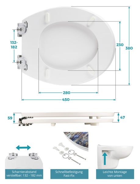 Toilettendeckel mit Absenkautomatik, Edelstahlscharnier und Shabby-Holz-Optik