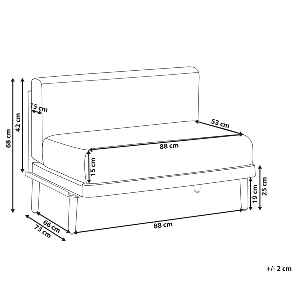 Technische Zeichnung eines Sofas mit Breiten-, Tiefen- und Höhenangaben.