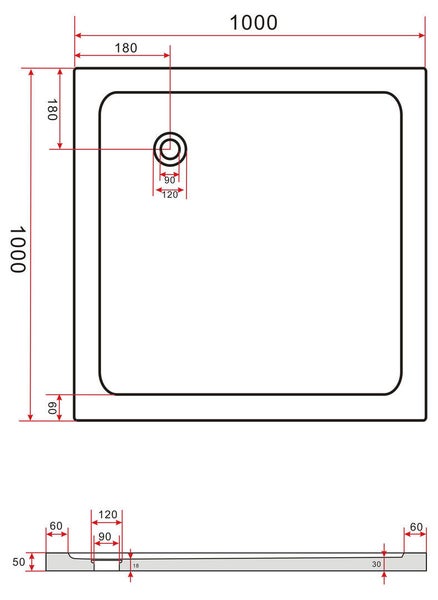 Technische Zeichnung einer Duschwanne mit Maßangaben