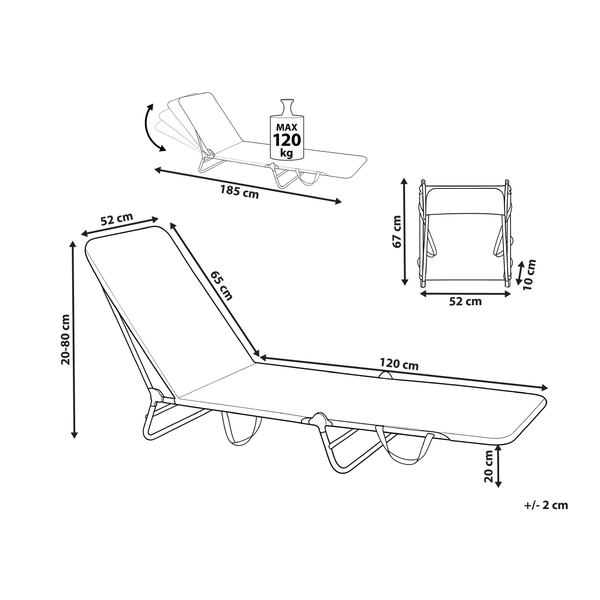 Technische Zeichnung einer Sonnenliege mit Maßen und Maximalgewicht