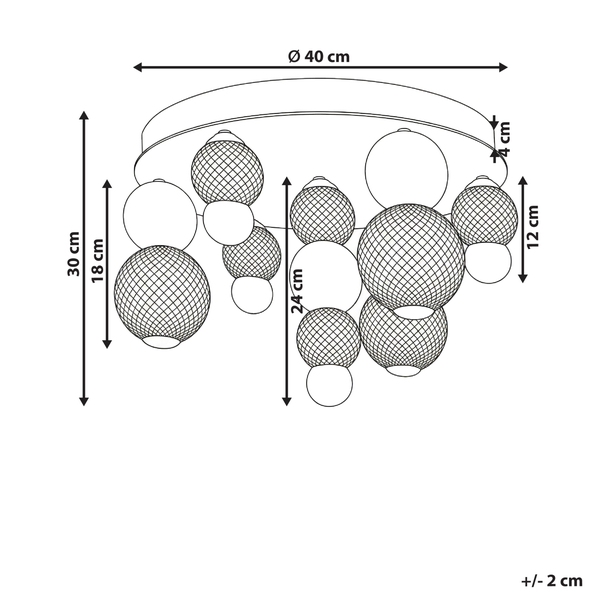Abmessungen der Deckenleuchte mit kugelförmigen Lampenschirmen