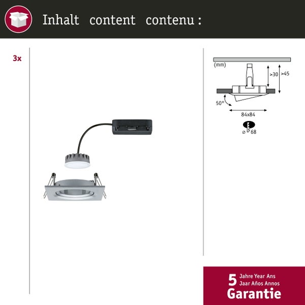 LED Einbauleuchte Nova Plus Coin Basisset schwenkbar eckig 84x84mm 50° Coin 3x6W 3x470lm 230V dimmbar 2700K Alu gedreht
